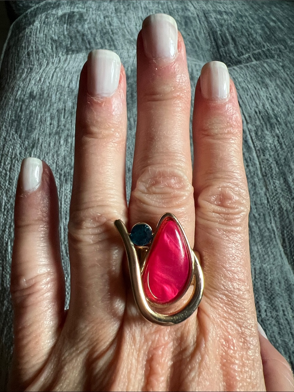 Gold-Tone Ring with Bright Pink Teardrop and Blue Accent